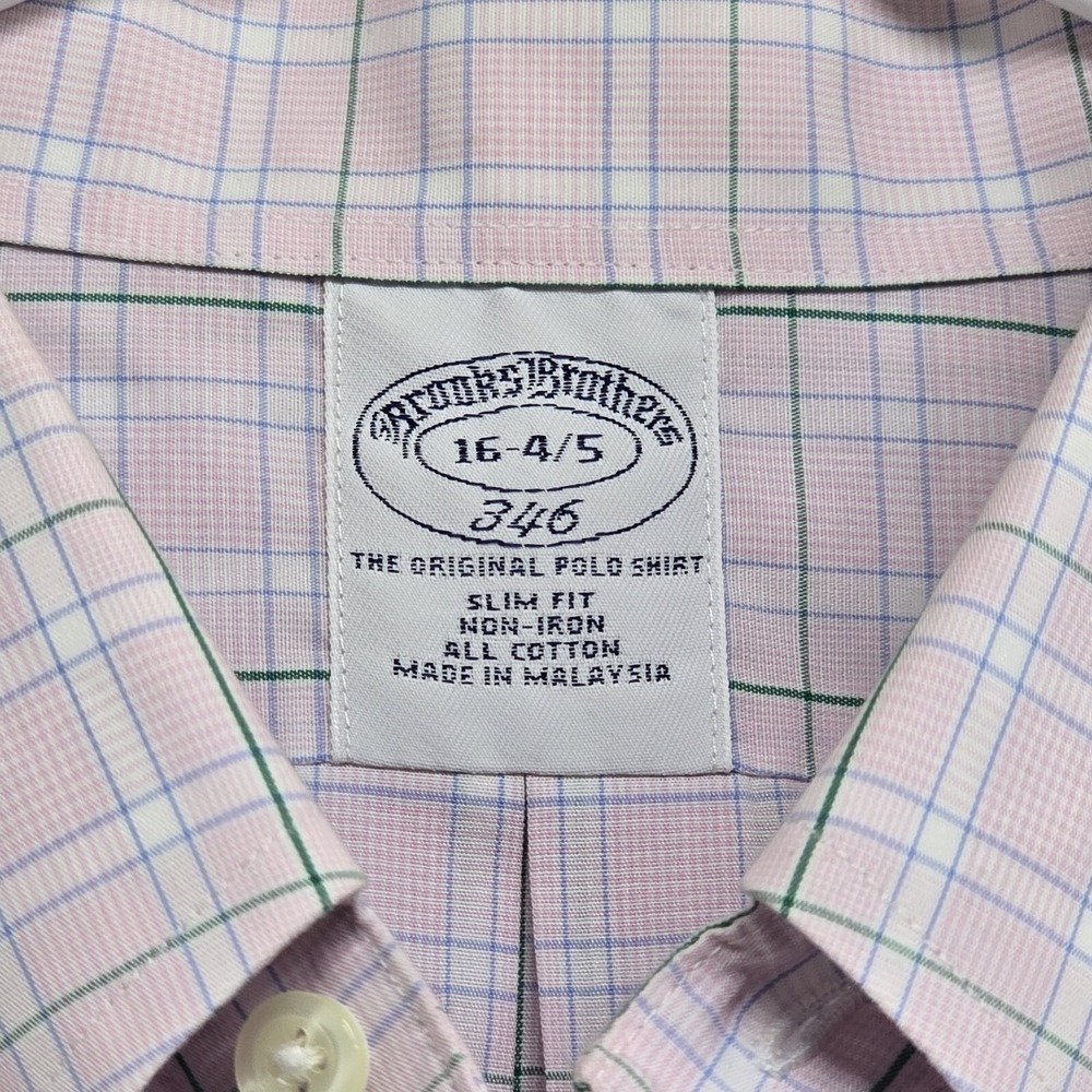 Brooks Brothers 346 Mens Slim Fit Non-Iron Pink Plaid Button Down Shirt 16 34/35